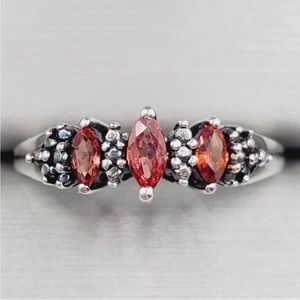 Genuine Red Marquise Ruby 925 Sterling Silver Three Stone Ring